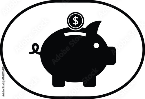 Simple black silhouette of a piggy bank with a dollar coin being inserted into its slot