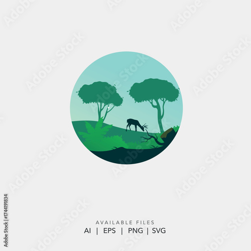 Flat vector logo of a deer silhouette grazing in a tranquil savanna landscape for a nature or travel brand.