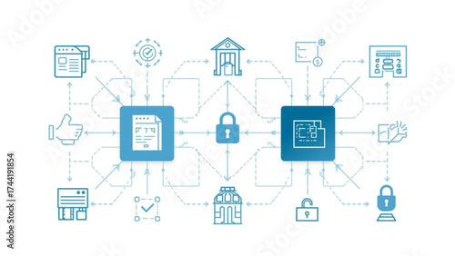 Secure data exchange concept with interconnected documents and security icons