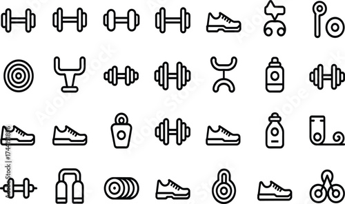 Gym equipment icon set, black-and-white fitness, workout, and health illustrations for apps, merch, branding, education, exercise design kits