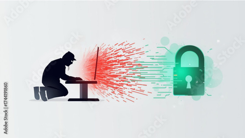 Silhouette of Hacker Attacking a Digital Lock computer