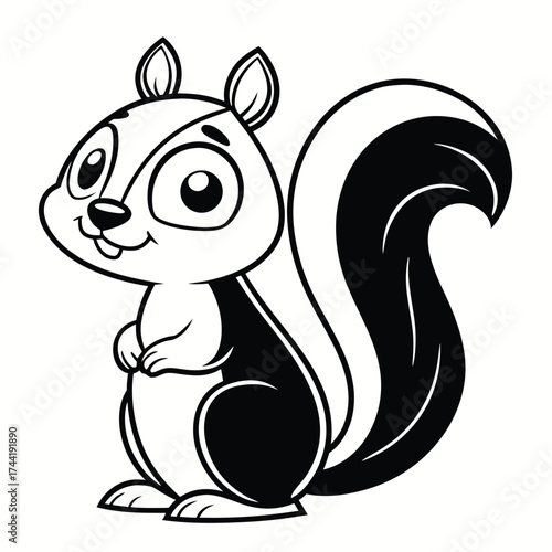 Monochrome cartoon squirrel standing upright exhibits adorable eyes and a bushy tail on white