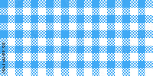 Blue vichy pattern with seamless texture with white square. Vintage gingham tablecloth background for scottish fashion design. Abstract plaid grid wrapping material for napkin or buffalo wallpaper.