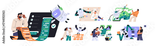 Concept set of neural networks, machine learning. Artificial intelligence, AI assistant helps to create code, music, drawing. Modern technology at work. Flat isolated vector illustrations on white.