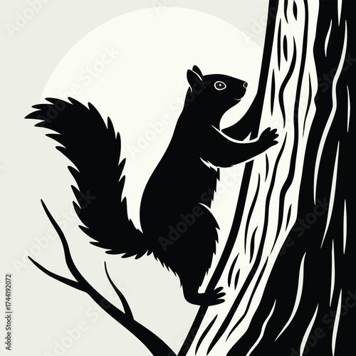 Silhouette of a bushy tailed squirrel climbing a tree under a bright sun is transparent