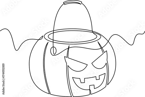 one line art halloween pumpkin bucket vector illustration. line art, one continuous line, simple, hand drawn and sketch style. for icons, symbols, signs or logos. PNG