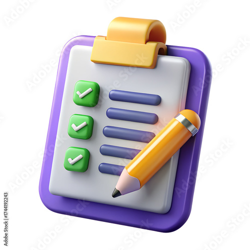 Creative 3D icon of clipboard with completed checklist and pencil for productivity business or planning concepts