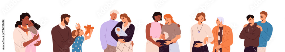 Obraz premium Happy relationships in diverse families set. Parents love their kids. Mother, father and children hug together. Mom and dad with newborn baby. Flat isolated vector illustrations on white background.