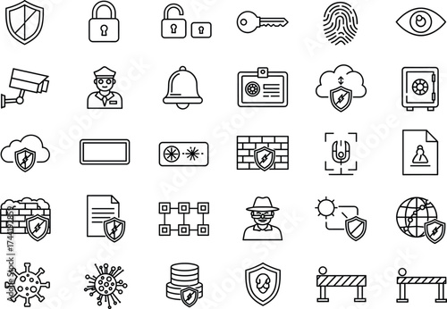 Security icon set, black-and-white line style, shields, padlocks, fingerprint, cloud protection, malware, mobile security, merch, branding kits