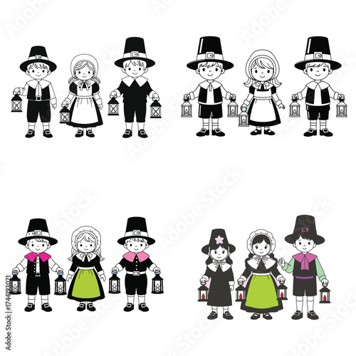 Vector art of pilgrim family characters
