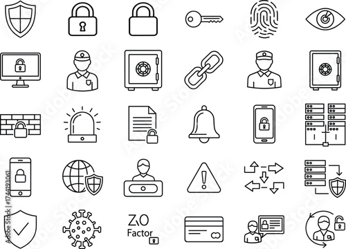 Security icon set, black-and-white line style, shields, padlocks, fingerprint, malware, login access, 2FA, safe storage, merch-ready