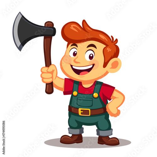 Happy young boy holding an axe while wearing overalls and smiling  