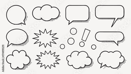 Vector collection of twelve black and white speech bubbles and comic book elements with halftone shading effect