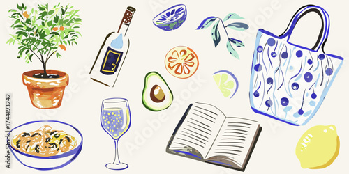 A vibrant watercolor illustration of a summer picnic spread with food drinks and leisure items
