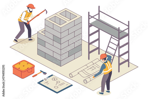 Isometric construction site scene showing bricklaying workers and various construction tools laid out neatly