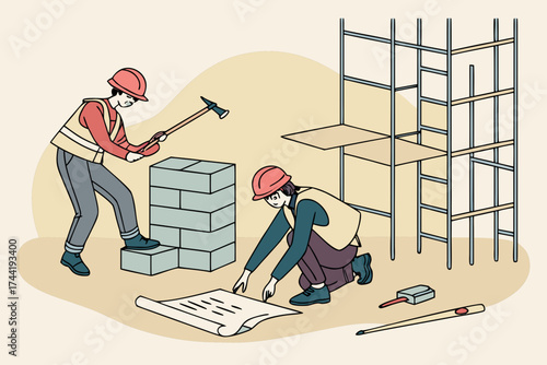 Isometric illustration depicting construction workers building a structure and brick wall project