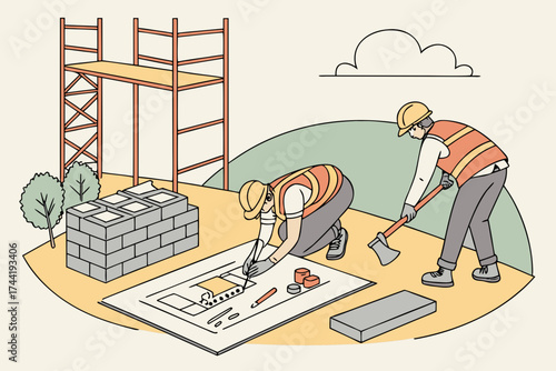 Isometric illustration of construction workers building a brick structure with a blueprint and ladder present