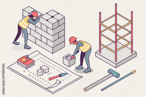 Isometric construction scene showing workers building with bricks and using various tools on a platform