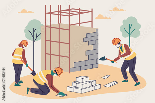 Isometric view of construction site with workers building a brick wall and scaffolding structure visible