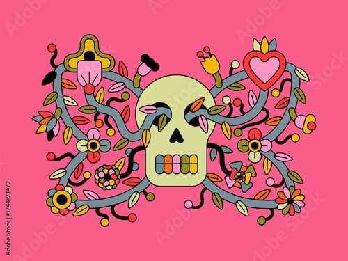 Day of the Dead skull with blooming branches and butterfly flowers. Colorful Day of the Dead skull with flowers. Floral skull illustration. Blooming skull with butterfly flowers. Mexican holiday. 