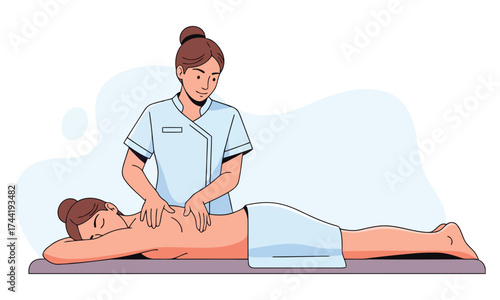 Vector art of therapist giving massage to woman lying on table