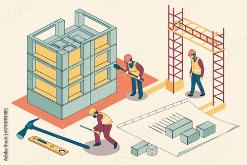 Isometric construction site scene showing bricklaying workers and various construction tools laid out neatly