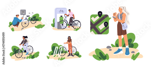 People rent bicycles by sharing service in phone set. Characters take rental bikes to cycling. Cyclists scan QR code, ride, parking transport to charge. Flat isolated vector illustrations on white.