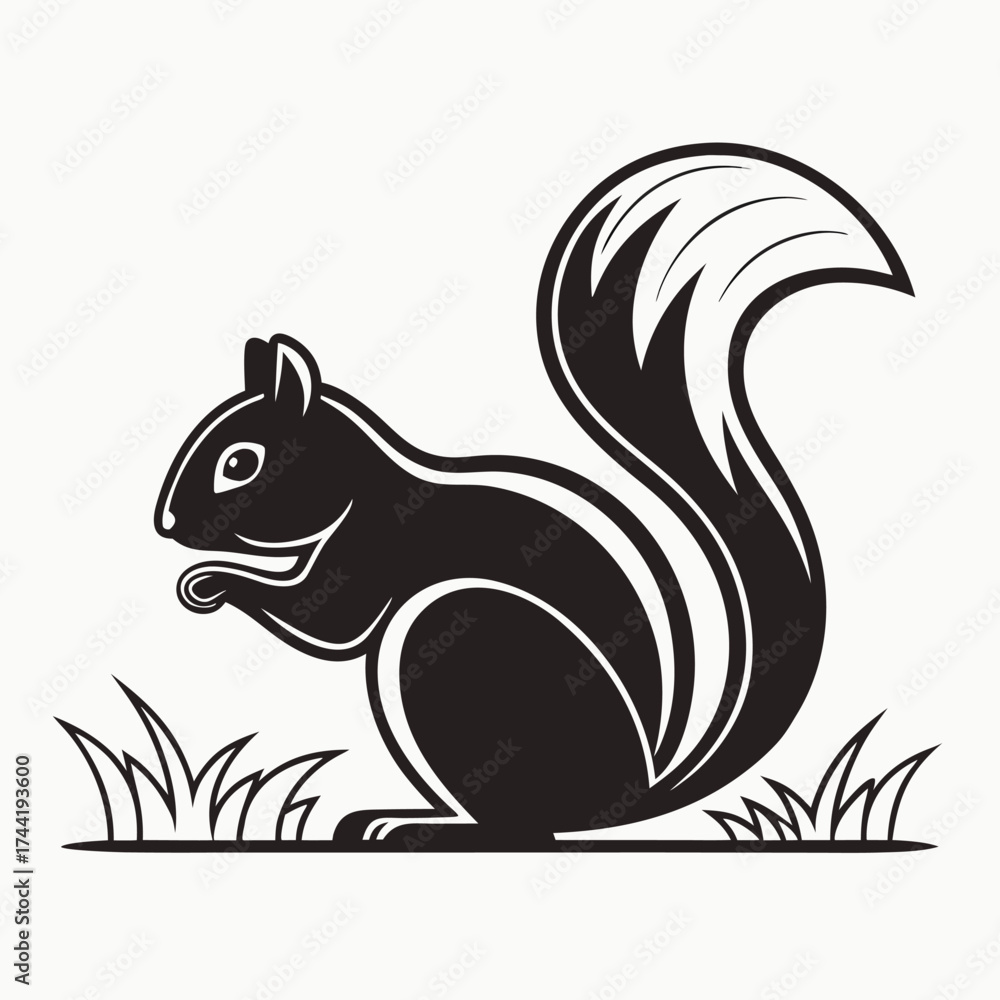 Obraz premium Simple dark squirrel holds nut on grass in silhouette over white background