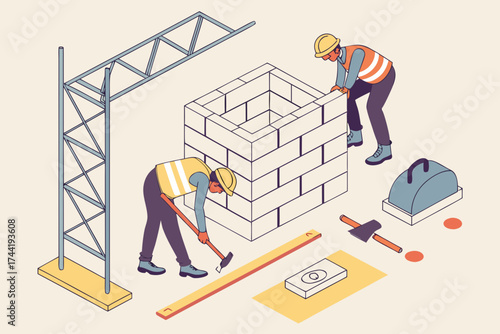 Isometric view of construction site with workers building a brick wall and scaffolding structure visible