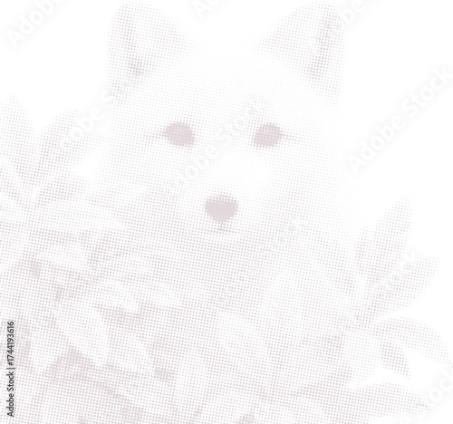 Arctic fox peeking through frosty winter leaves. Minimalist halftone vector art of a cute white wildlife animal for nature-themed design projects and apparel.