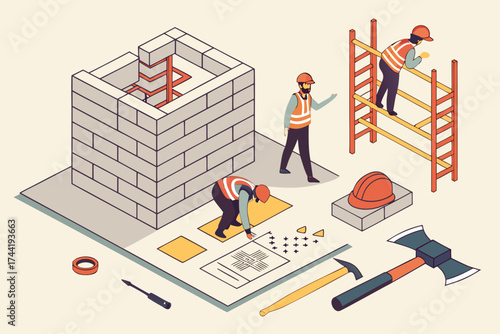 Isometric construction site scene showing bricklaying workers and various construction tools laid out neatly