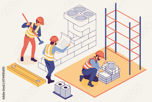 Isometric illustration of construction workers building a brick wall with scaffolding present nearby