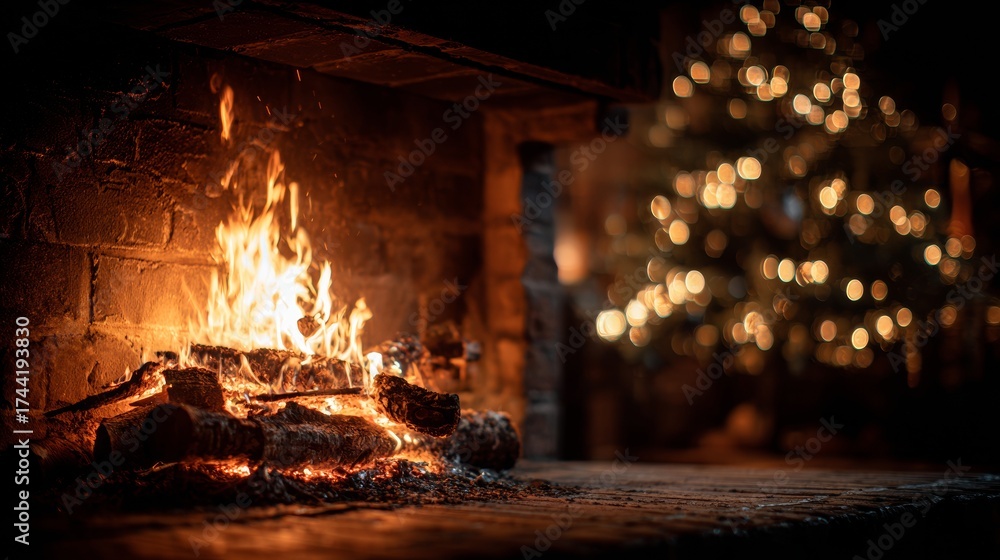 Obraz premium lit fireplace next to a Christmas tree