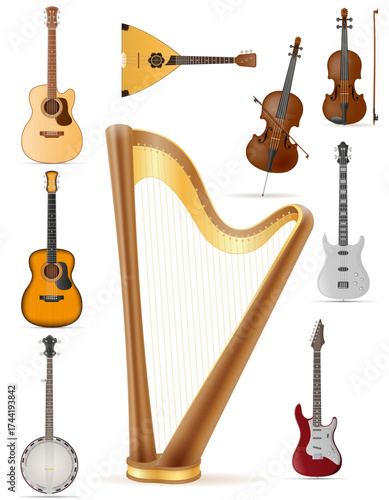 lots of different stringed musical instruments cartoon stock vector illustration isolated on white background