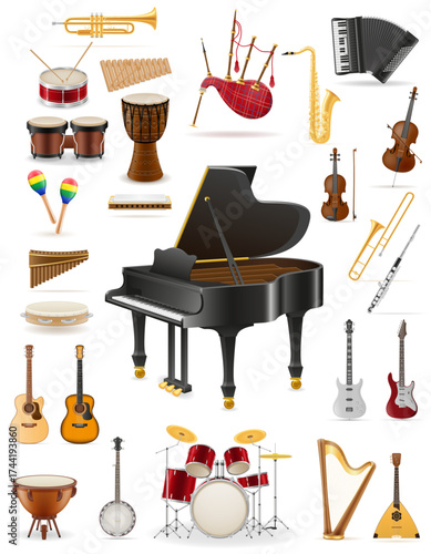 lots of different musical instruments cartoon stock vector illustration isolated on white background