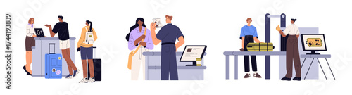 Border control set. Passengers are at check in counter, baggage and passport checkpoint. Customs safety guard inspects luggage of travelling tourists. Flat isolated vector illustrations on white.
