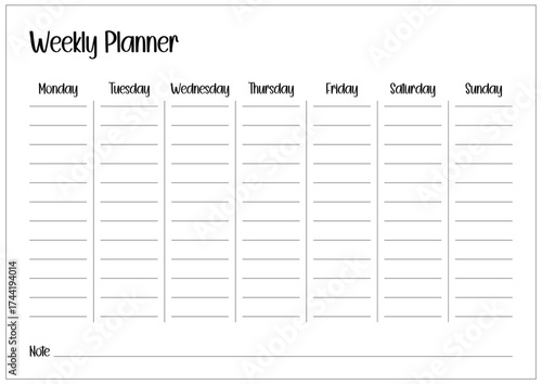Weekly planner for organized production schedule, clean and simple task list document.