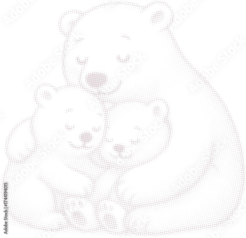 A loving polar bear family cuddling together. Sweet arctic animal illustration in a modern halftone dot pattern style, perfect for nursery art and family themes.