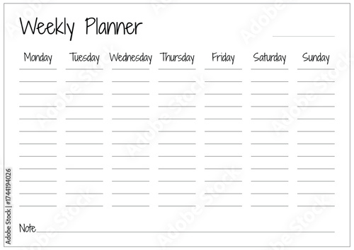 Weekly planner for organized production schedule, clean and simple task list document.