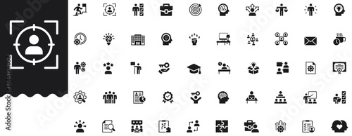 Headhunting and recruitment solid icon set features talent acquisition, job search, employee, resume, staff, target, assessment, hiring process & HR symbols. Professional, minimal vector collection.