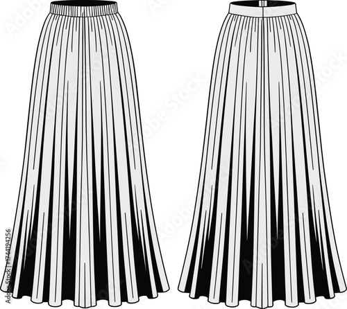 Technical fashion sketch, pleated maxi skirt, front and back view, waistband detail, zipper closure, garment construction, pattern making template