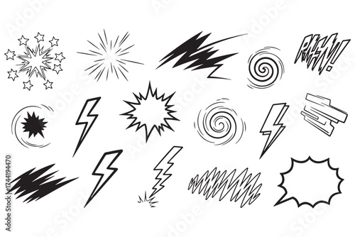 Comic book explosion and motion effects isolated on white background for dynamic visual storytelling and graphic design, adding impact and energy vector illustration