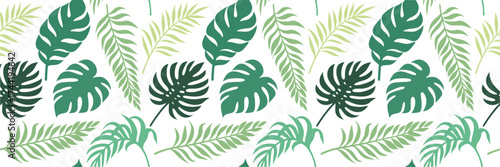 Seamless tropical leaf pattern with green palm and monstera foliage on white background, elegant botanical vector design perfect for summer fabric, wallpapers, and natural decorative projects.