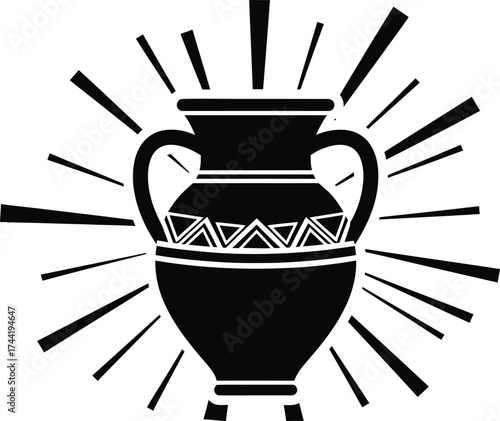 Stylized black amphora vase with geometric patterns and radiating lines on a white background