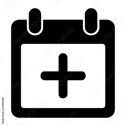 Medical appointment calendar icon with plus sign symbol in black and white design