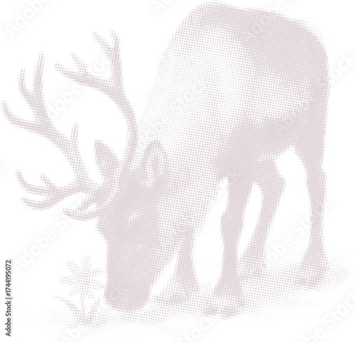 Halftone dot style reindeer smelling a snowflower. Minimalist winter wildlife animal vector illustration. Abstract retro design for Christmas or holiday graphic art.