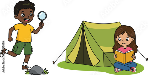 Children camping outdoors, nature exploration, reading book, magnifying glass activity, summer adventure, grassy field, green tent, leisure, learning, fun