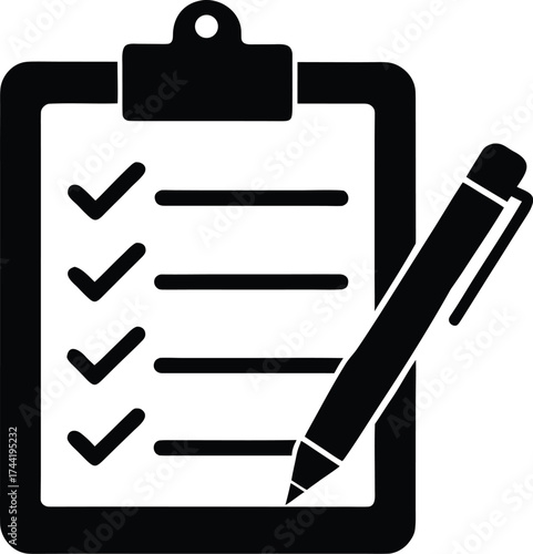 A black silhouette of a checklist or a to-do list on a clipboard with a pen 