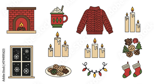 Cozy Winter and Holiday Elements Illustration Set - Fireplace, Hot Chocolate, Candles, Snowy Window, and Christmas Cookies Vector Art, Flat Vector Elements, Vector Illustration, Simple Vector,