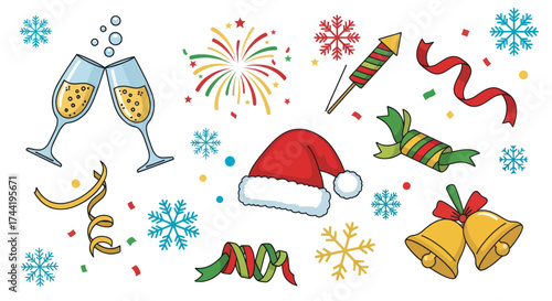 Vibrant Celebration: Champagne Toast with Fireworks, Snowflakes, Confetti, and Ribbons on White Background, Flat Vector Elements, Vector Illustration, Simple Vector, Stylized Vector Drawing, Vector